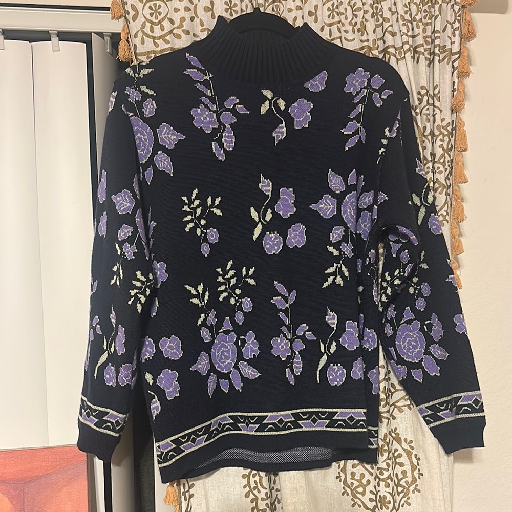 Anthropologie Floral Black and Purple Women's Sweater